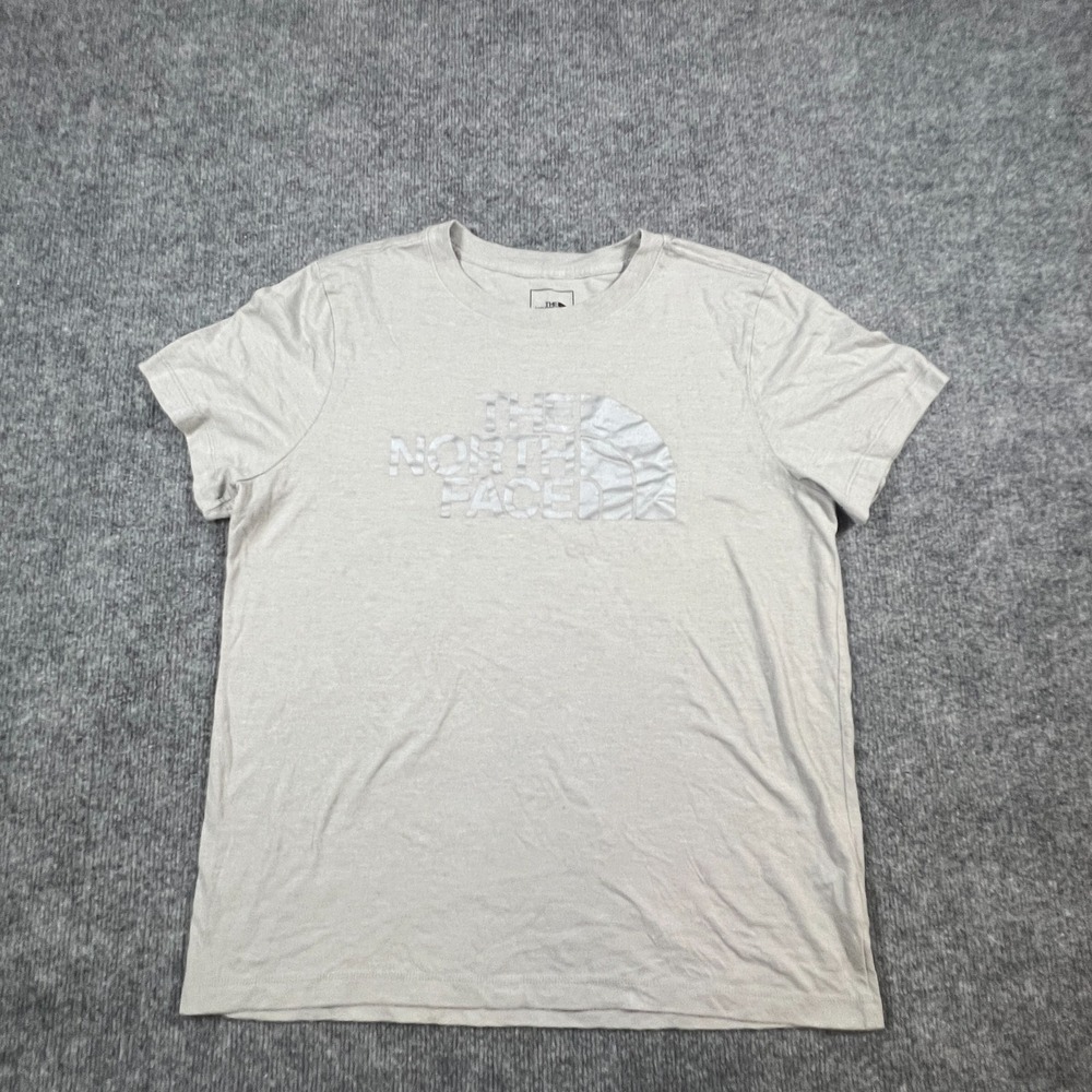 The North Face T Shirt Womens Large Beige Cotton Logo Print Crew Neck Pullover